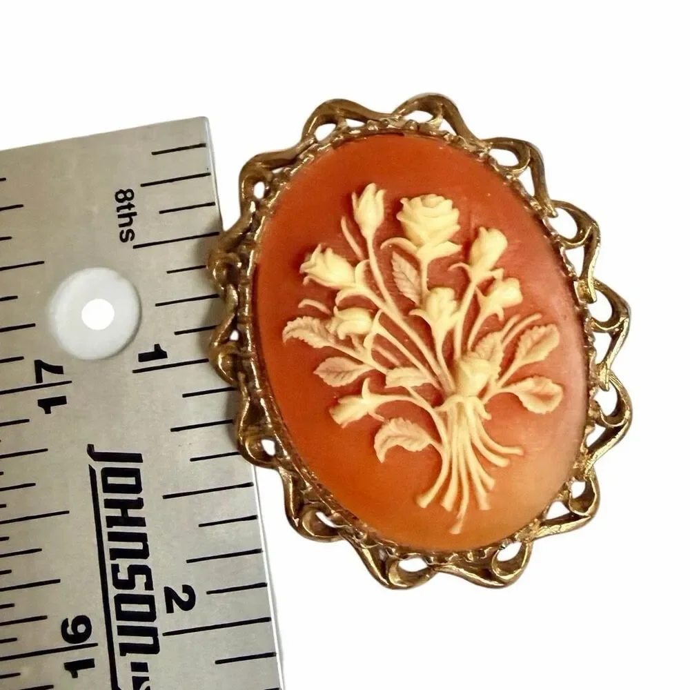 Vintage Carved Shell Cameo Floral Brooch